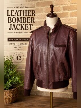 Vintage 90s Argentina Genuine Leather Bomber Jacket Brown Moto Unisex 42 L